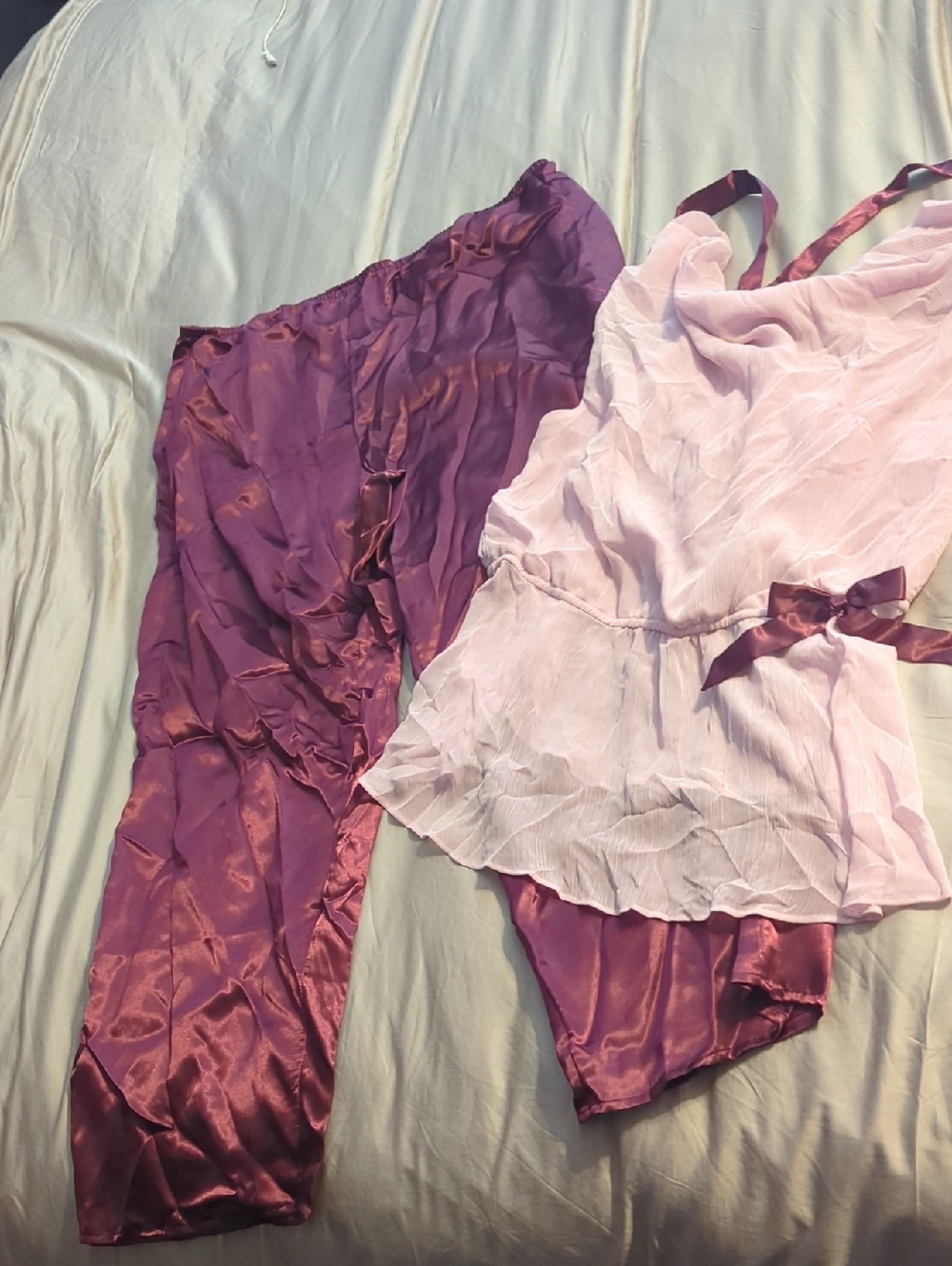 Avon Two-Piece Satin and Chiffon Sleep Set in Plum and Light Pink
